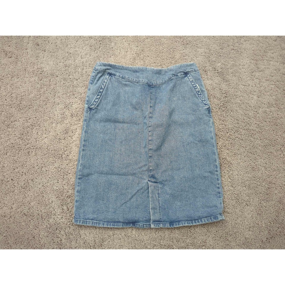 Chadwicks Skirt Womens 10 Blue Denim Front Pockets Slit Stretch Midi Retro
